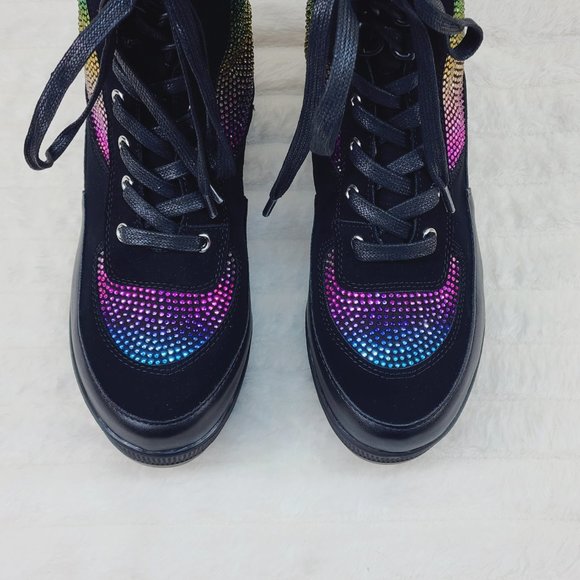 White Rainbow Rhinestone Chunky Heel Combat Boots - Wild Diva - Final Sale main image 1